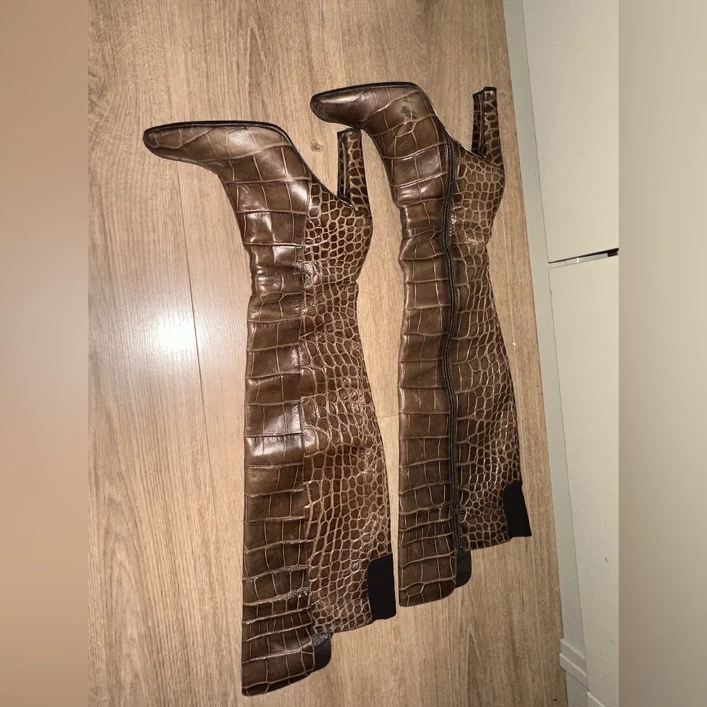 Stuart Weitzman Vigo Over the Knee Crocodile Embossed Leather Heel Boots Size 6M